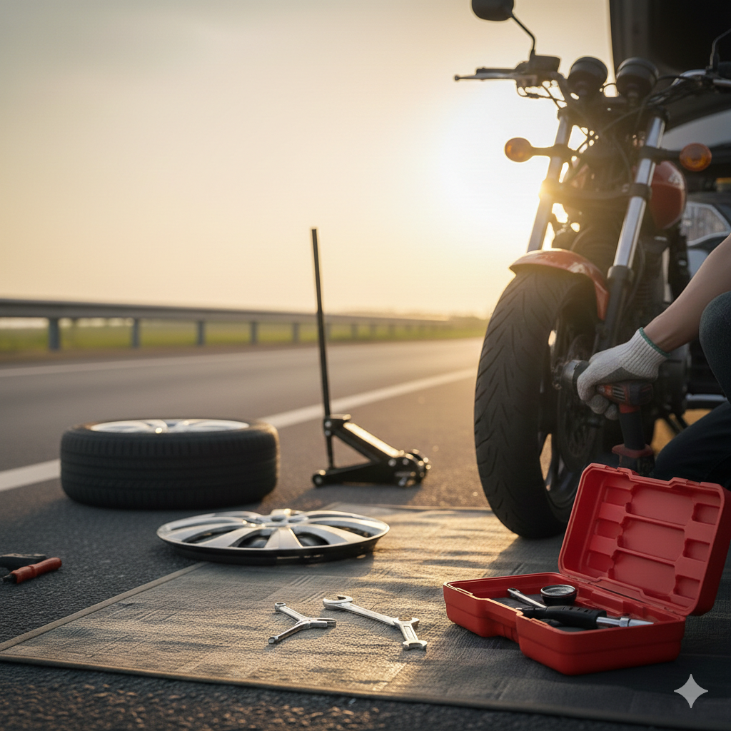 電單車中釘補胎 到場支援 圖片